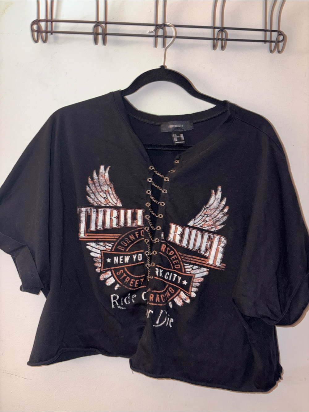 Forever 21 Black Lace-Up Thrill Rider Graphic Crop Tee